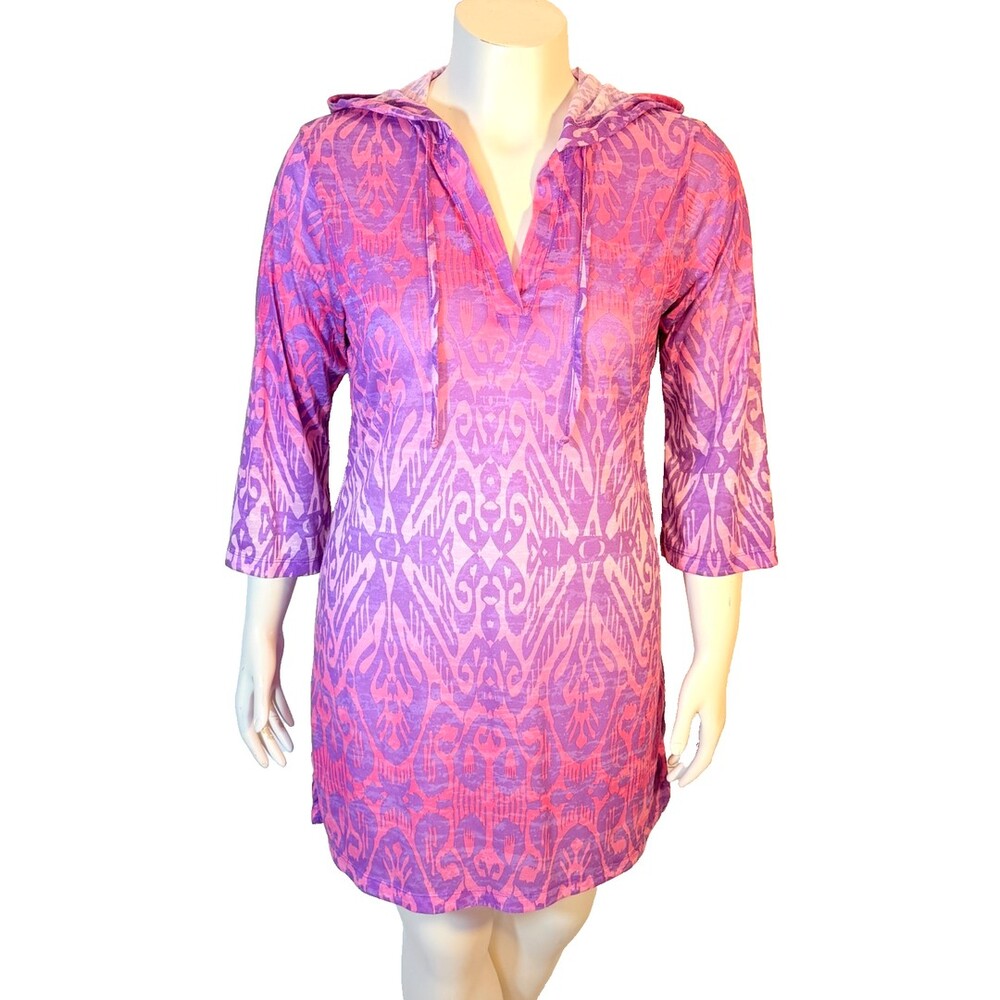 Balance Collection Hooded Swim Coverup Women's XL Purple Pink IKAT Tunic Top